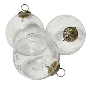 3 VTG Kugel Style Clear Starburst Etch Glass Ball Christmas Ornament Jumbo 12.5"